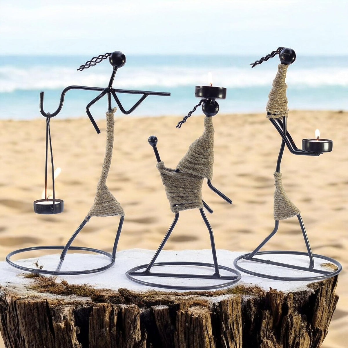 Iron Tealight Holder Set – Handcrafted Metal Worker Figurines with Jute Wrap
