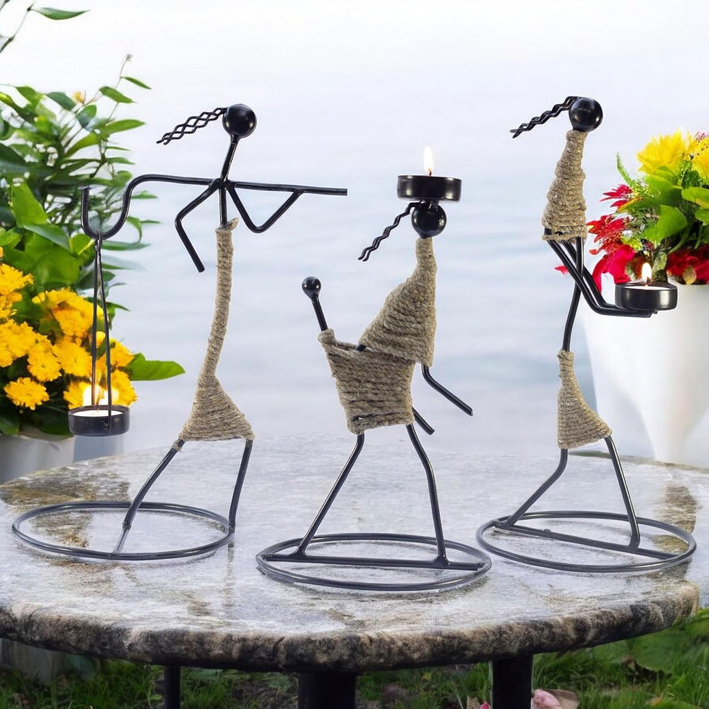 Iron Tealight Holder Set – Handcrafted Metal Worker Figurines with Jute Wrap