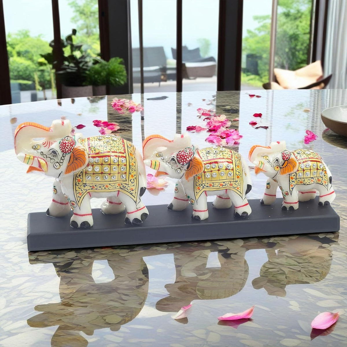 Three Marble Elephants on Wooden Base Gift Box Set for Diwali, Weddings, Grihpravesh
