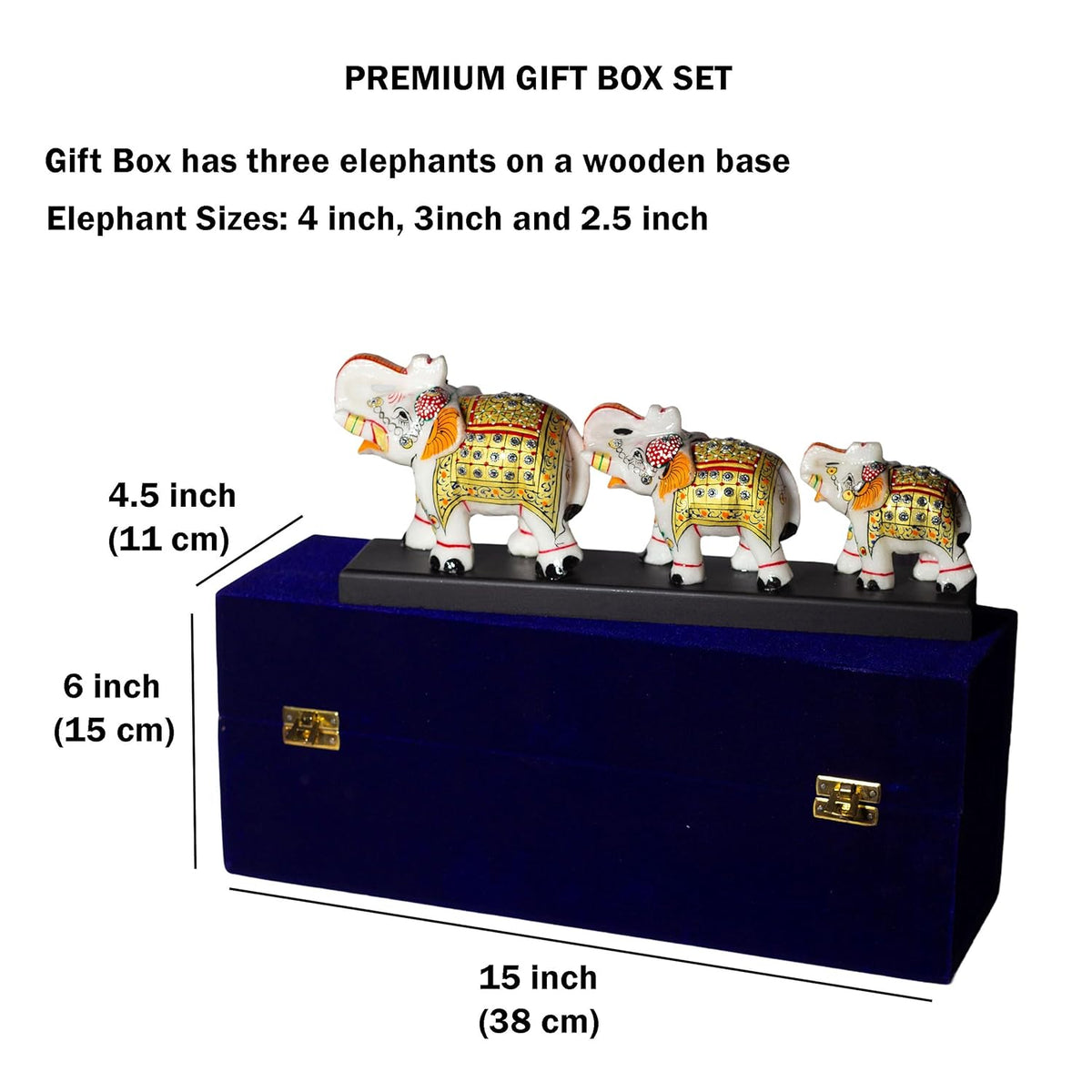 Three Marble Elephants on Wooden Base Gift Box Set for Diwali, Weddings, Grihpravesh