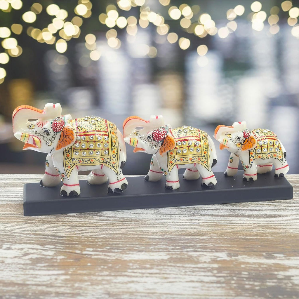 Three Marble Elephants on Wooden Base Gift Box Set for Diwali, Weddings, Grihpravesh