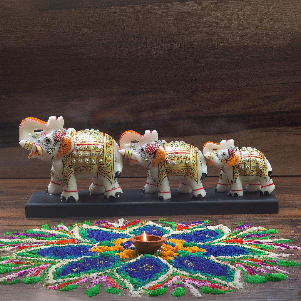 Three Marble Elephants on Wooden Base Gift Box Set for Diwali, Weddings, Grihpravesh