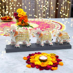 Three Marble Elephants on Wooden Base Gift Box Set for Diwali, Weddings, Grihpravesh