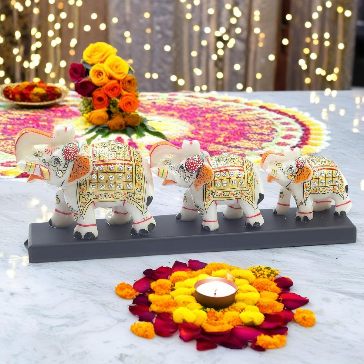 Three Marble Elephants on Wooden Base Gift Box Set for Diwali, Weddings, Grihpravesh