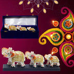 Three Marble Elephants on Wooden Base Gift Box Set for Diwali, Weddings, Grihpravesh