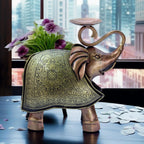 Elegant Carved Metal Elephant TeaLight Candle Holder Tabletop Showpiece for Living Room, Candle Light Dinners