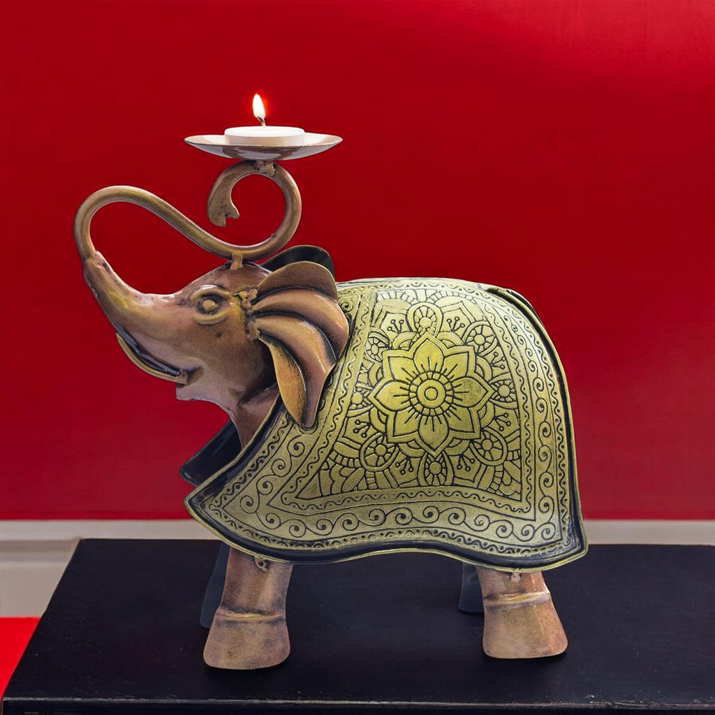 Elegant Carved Metal Elephant TeaLight Candle Holder Tabletop Showpiece for Living Room, Candle Light Dinners