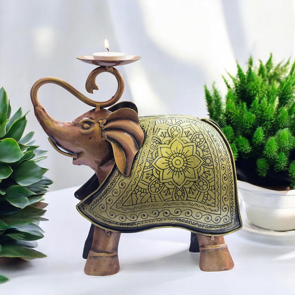 Elegant Carved Metal Elephant TeaLight Candle Holder Tabletop Showpiece for Living Room, Candle Light Dinners