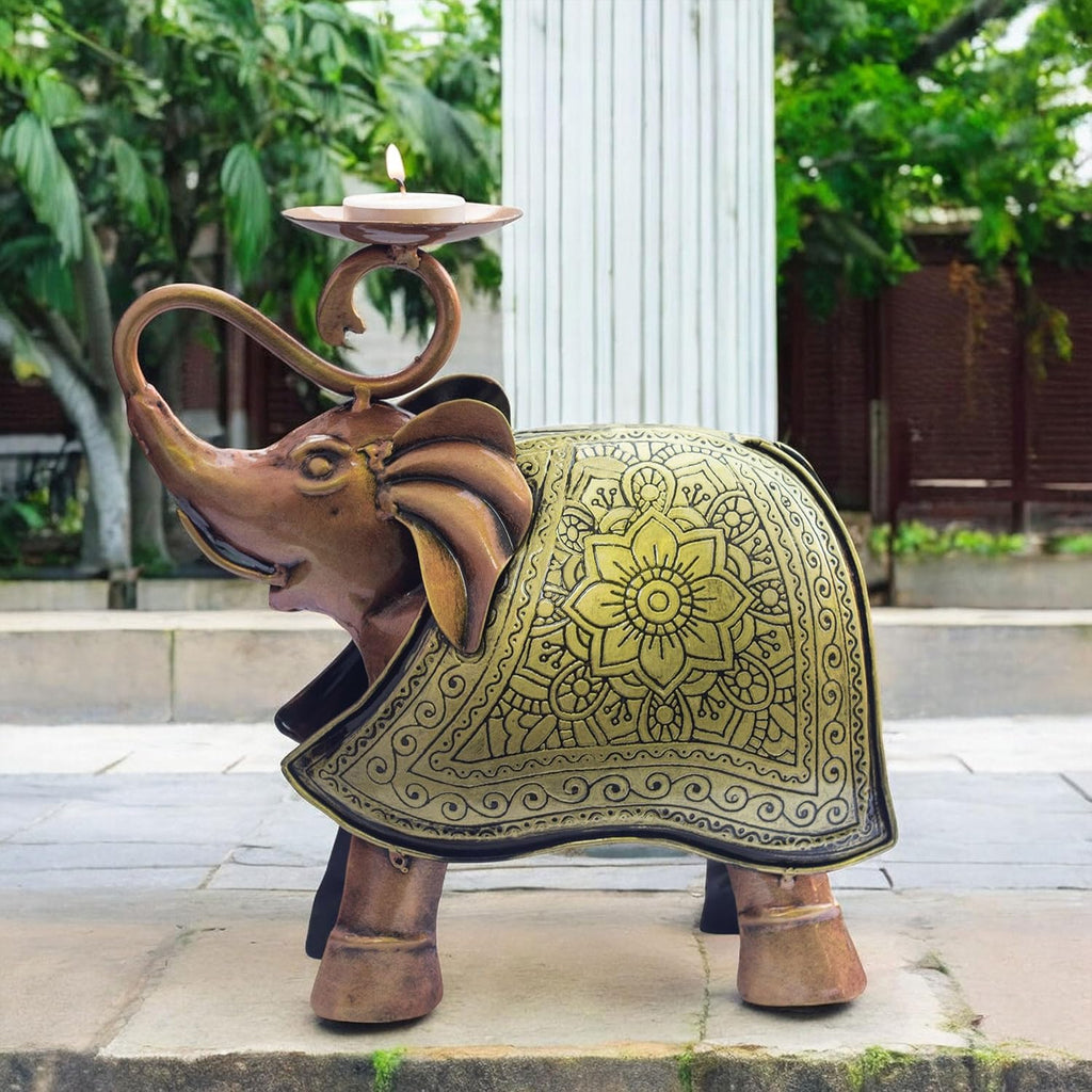 Elegant Carved Metal Elephant TeaLight Candle Holder Tabletop Showpiece for Living Room, Candle Light Dinners