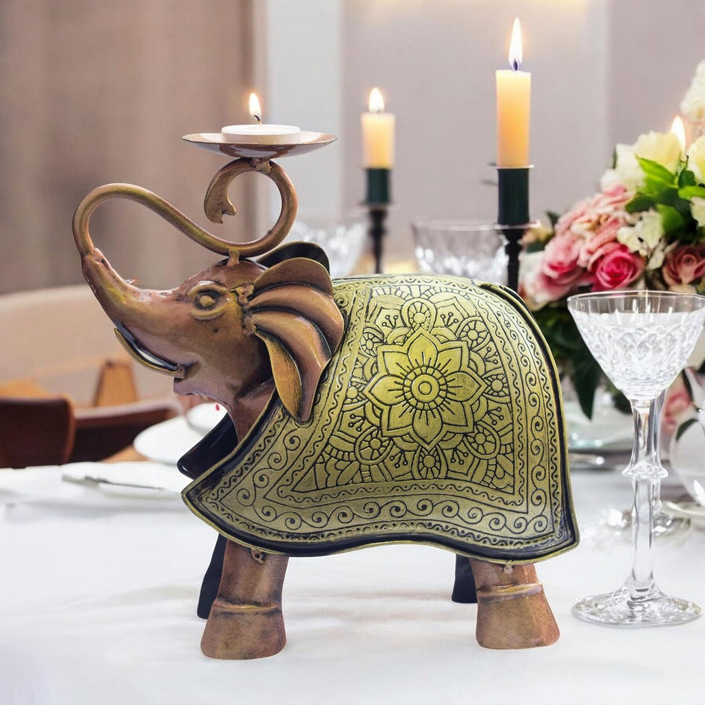 Elegant Carved Metal Elephant TeaLight Candle Holder Tabletop Showpiece for Living Room, Candle Light Dinners