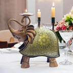 Elegant Carved Metal Elephant TeaLight Candle Holder Tabletop Showpiece for Living Room, Candle Light Dinners