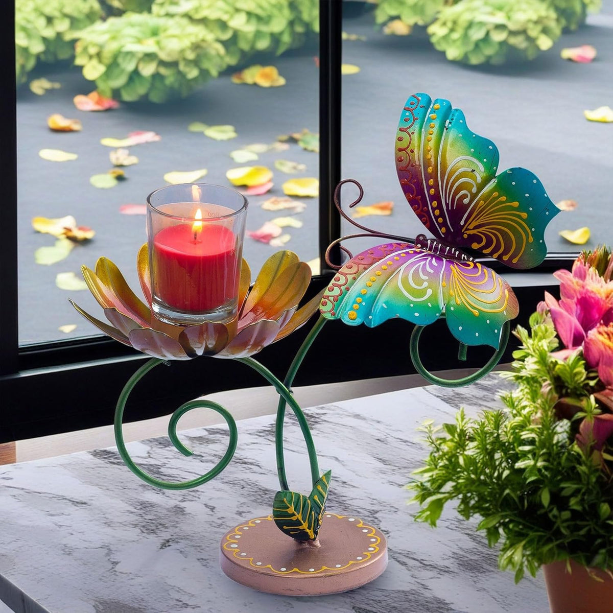 Hand-Painted Iron Tealight Candle Holder | Vibrant and Sturdy Decorative Accent for Wall or Table | Ideal for Entryways