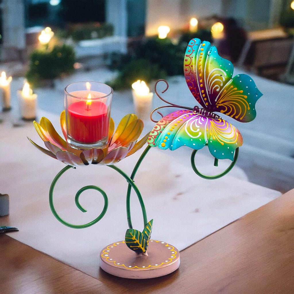 Hand-Painted Iron Tealight Candle Holder | Vibrant and Sturdy Decorative Accent for Wall or Table | Ideal for Entryways