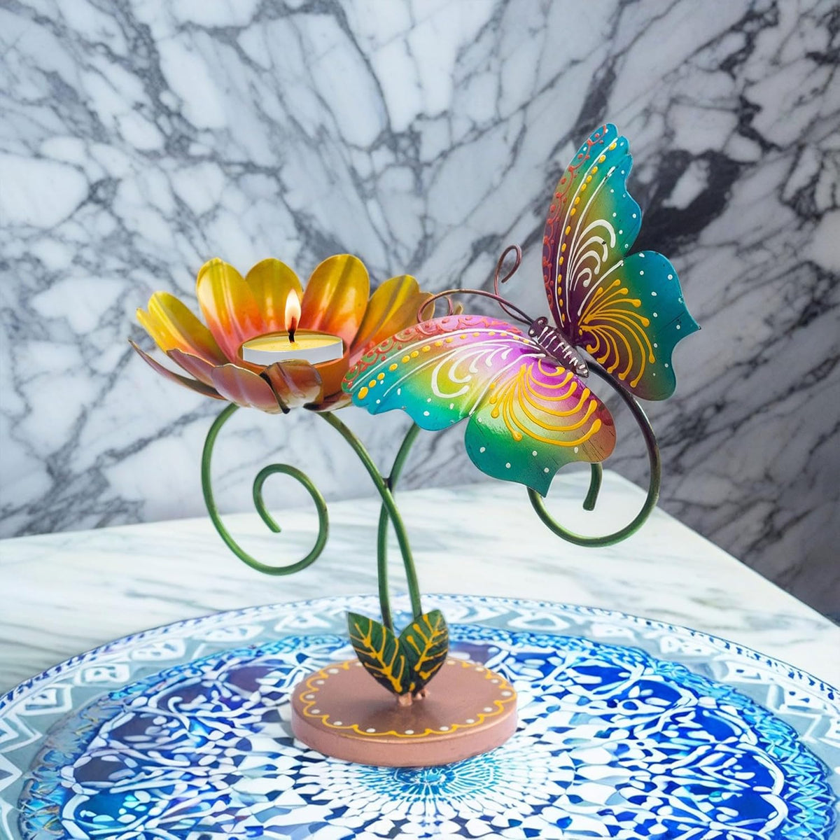 Hand-Painted Iron Tealight Candle Holder | Vibrant and Sturdy Decorative Accent for Wall or Table | Ideal for Entryways