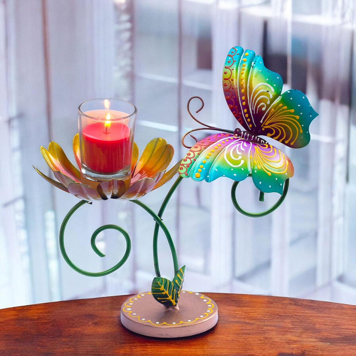 Hand-Painted Iron Tealight Candle Holder | Vibrant and Sturdy Decorative Accent for Wall or Table | Ideal for Entryways