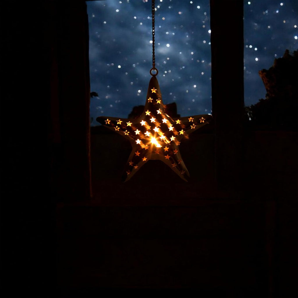 Hanging Star Shaped Metal Tealight Lantern (11x10 in) with Sturdy Chain | Ideal for Christmas Décor
