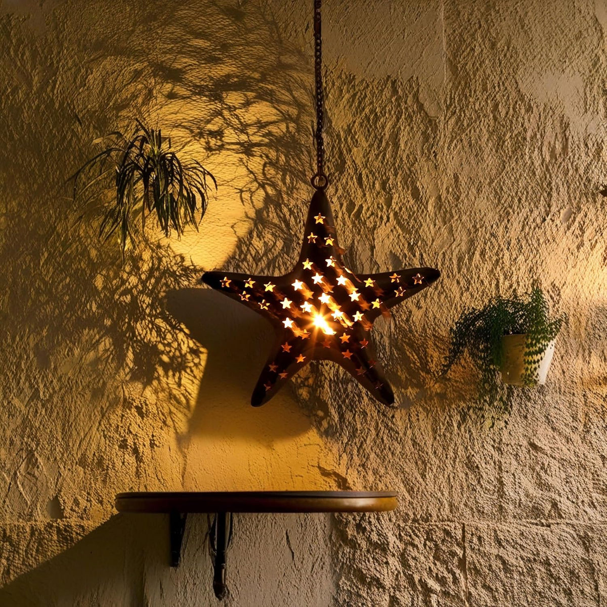 Hanging Star Shaped Metal Tealight Lantern (11x10 in) with Sturdy Chain | Ideal for Christmas Décor