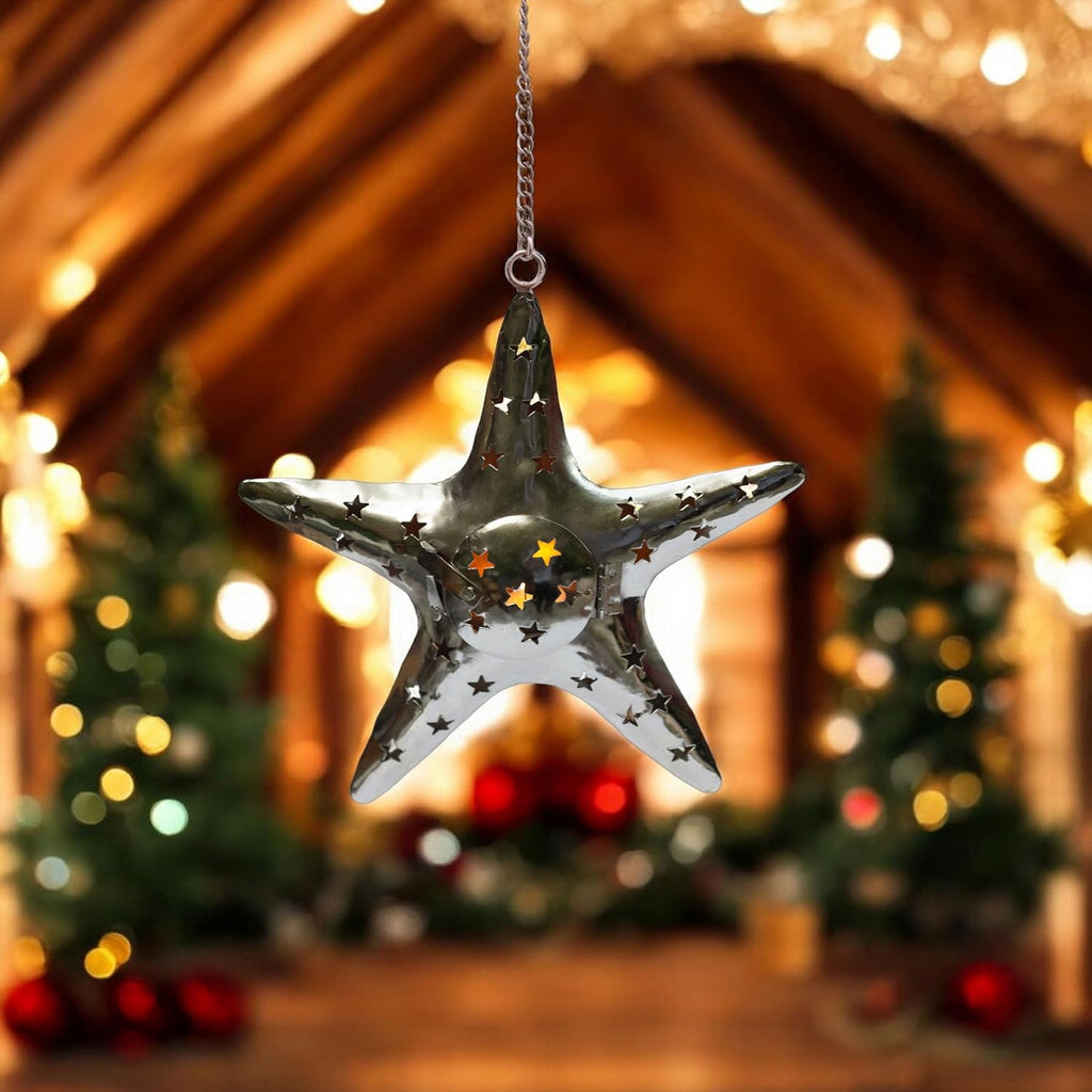 Hanging Star Shaped Metal Tealight Lantern (11x10 in) with Sturdy Chain | Ideal for Christmas Décor