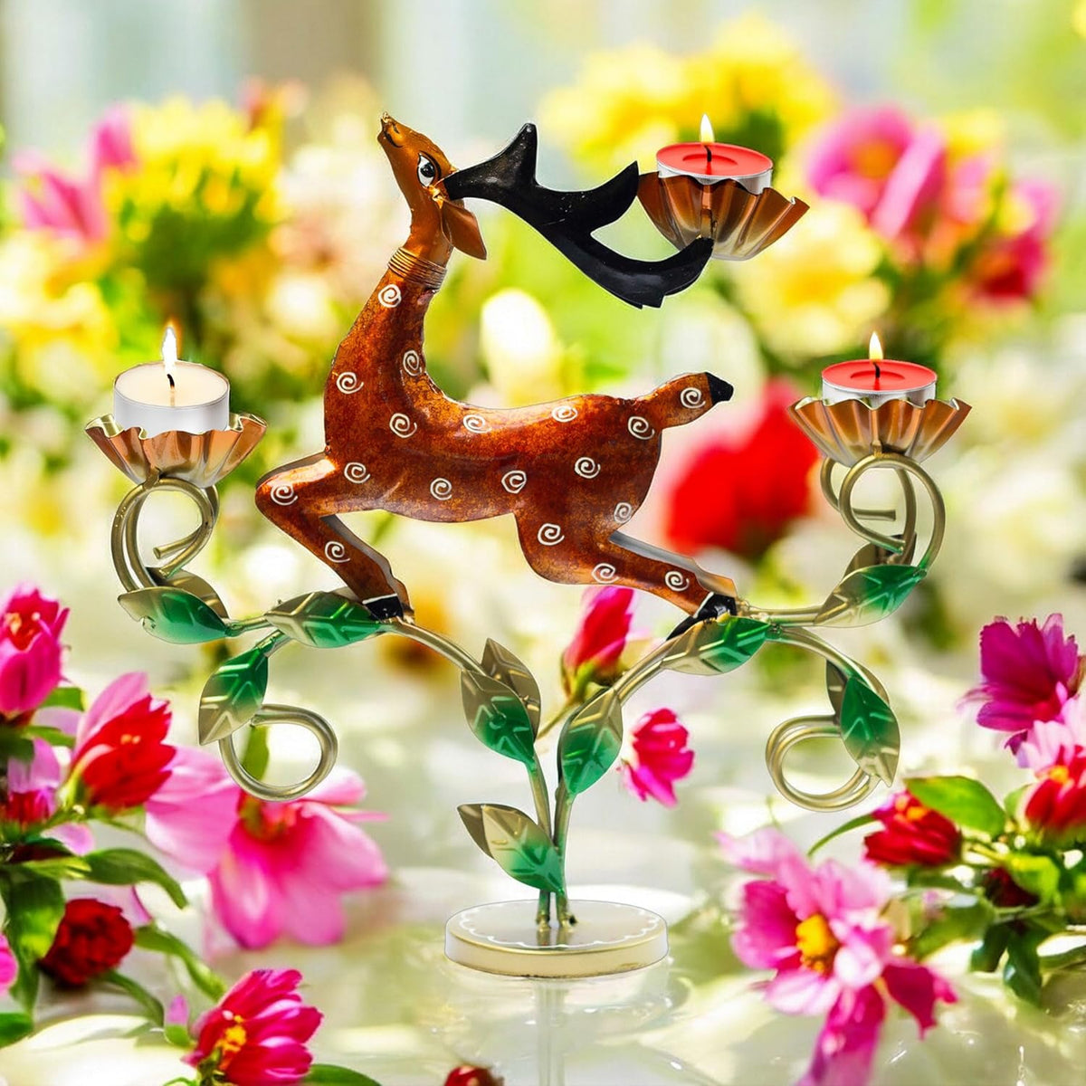 Decorative Deer Tealight Holder 3-Candle Christmas Decor Showpiece Statue for Living Room Decor