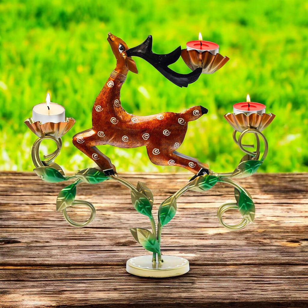 Decorative Deer Tealight Holder 3-Candle Christmas Decor Showpiece Statue for Living Room Decor