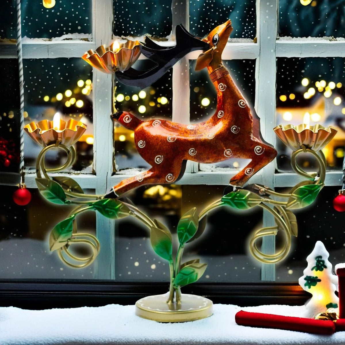 Decorative Deer Tealight Holder 3-Candle Christmas Decor Showpiece Statue for Living Room Decor