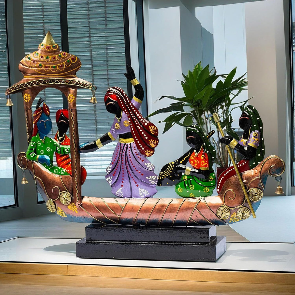 Handcrafted Ethnic Tribal Boat with Dancing Musicians Showpiece – 15x18 Inch Home Décor with Wooden Base