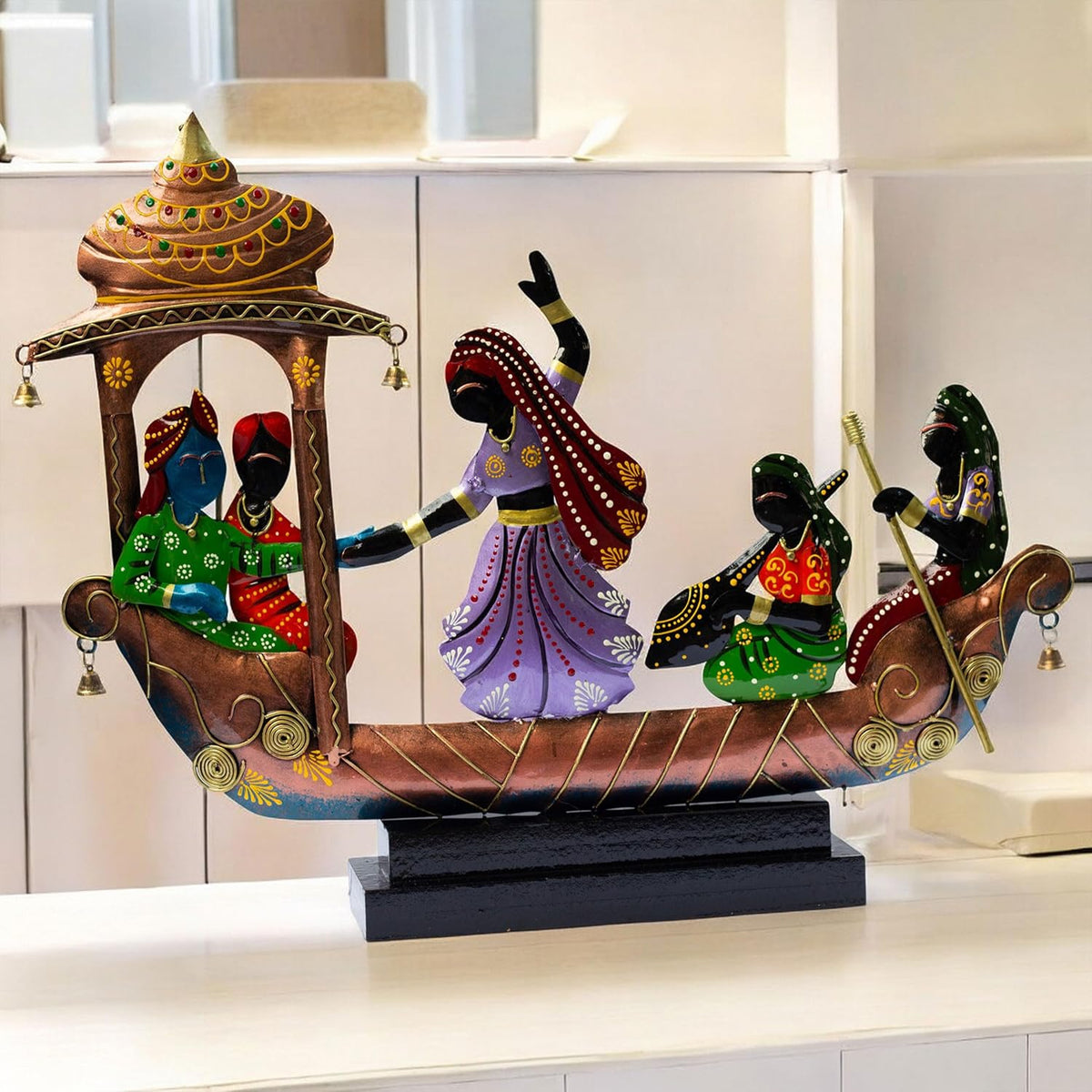 Handcrafted Ethnic Tribal Boat with Dancing Musicians Showpiece – 15x18 Inch Home Décor with Wooden Base