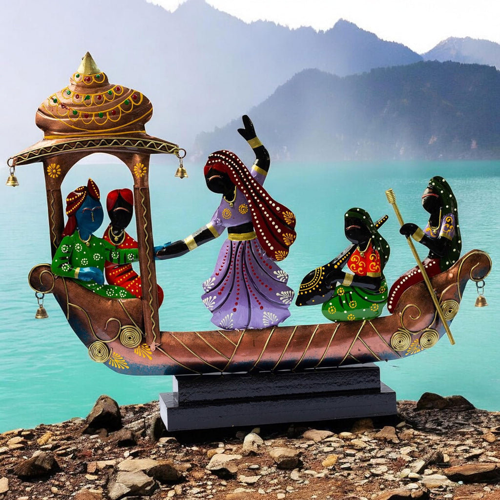 Handcrafted Ethnic Tribal Boat with Dancing Musicians Showpiece – 15x18 Inch Home Décor with Wooden Base