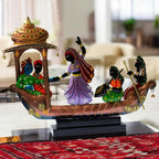 Handcrafted Ethnic Tribal Boat with Dancing Musicians Showpiece – 15x18 Inch Home Décor with Wooden Base