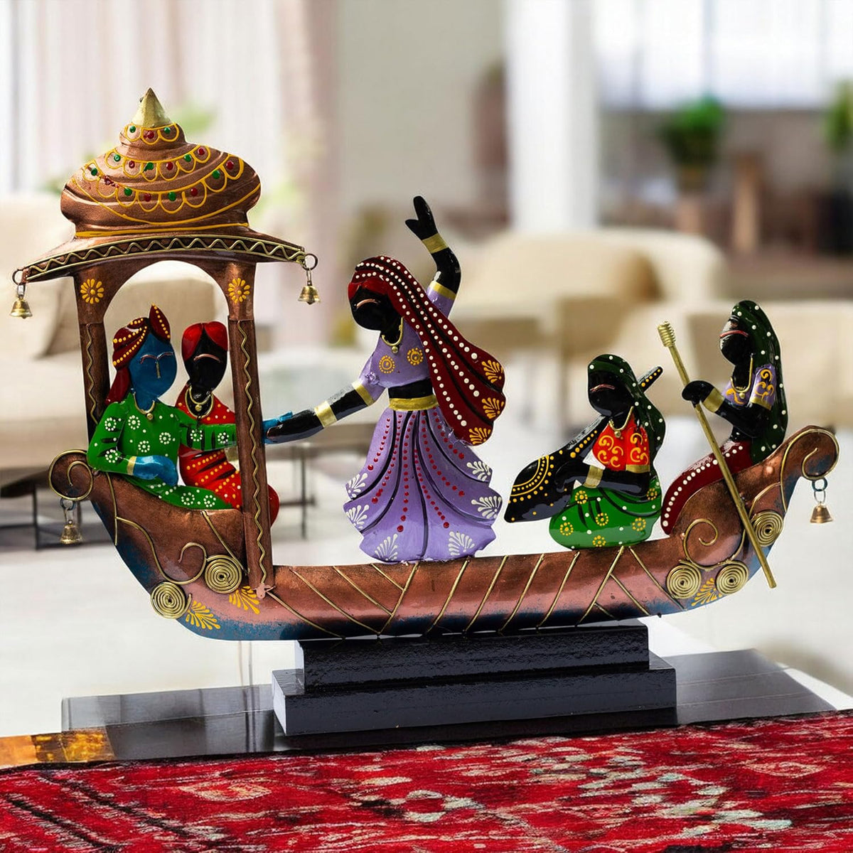 Handcrafted Ethnic Tribal Boat with Dancing Musicians Showpiece – 15x18 Inch Home Décor with Wooden Base