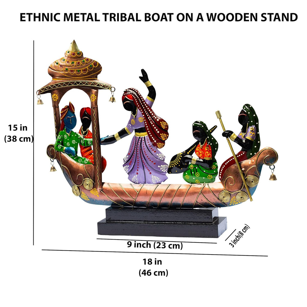 Handcrafted Ethnic Tribal Boat with Dancing Musicians Showpiece – 15x18 Inch Home Décor with Wooden Base
