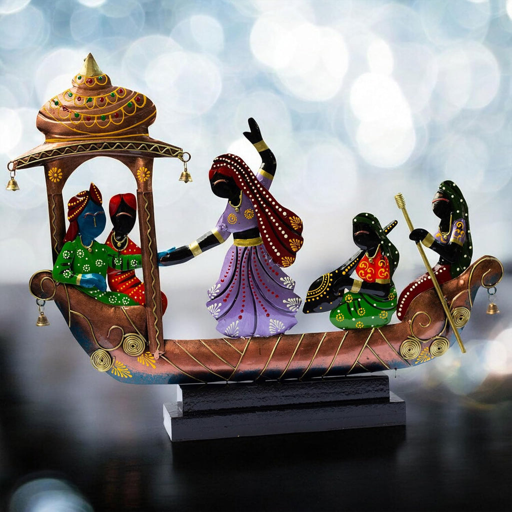 Handcrafted Ethnic Tribal Boat with Dancing Musicians Showpiece – 15x18 Inch Home Décor with Wooden Base