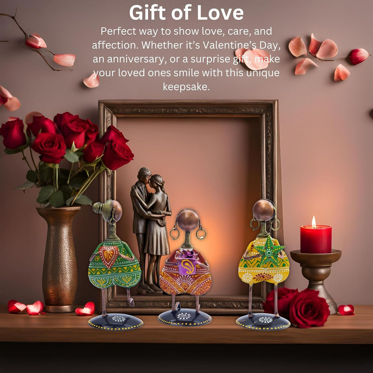3-Piece Love Figurine Set – Metal Handmade Romantic Gift for Valentine's, Anniversaries, Birthdays & Special Occasions