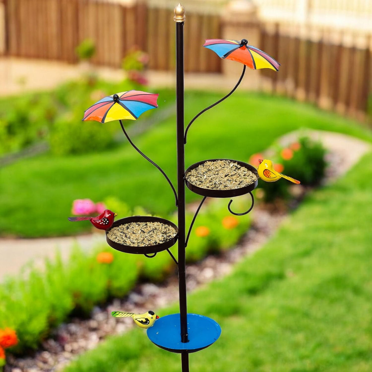 Outdoor Bird Feeder with Water Bowl & Two Seed Trays, Rust-Resistant 2-Part Metal Pole – Perfect Garden or Backyard Decor for Bird Watching and Feeding