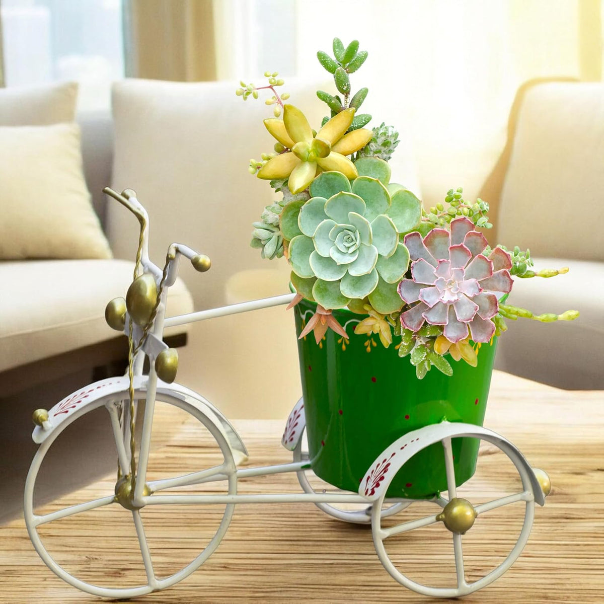 Garden Planter with Drainage Hole – Rust-Resistant Iron Flower Pot Bonsai Succulent Plants Holder for Indoor & Outdoor Home Décor, Decorative Items for Living Room (Tricycle Green)