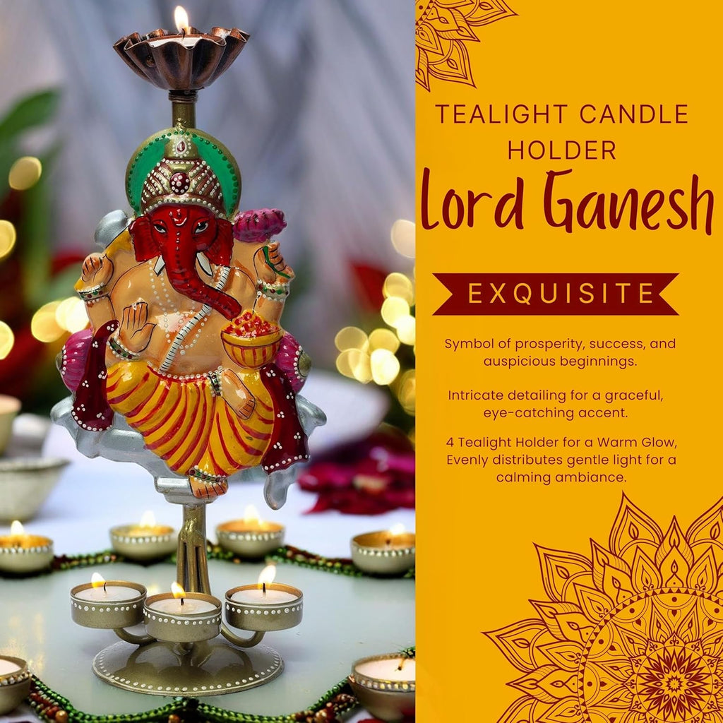 Auspicious Ganpati Tealight Candle Holder (14x6 Inch), Lord Ganesha Four Candle Metal Showpiece for Spiritual Décor