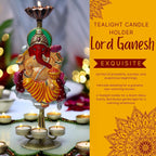 Auspicious Ganpati Tealight Candle Holder (14x6 Inch), Lord Ganesha Four Candle Metal Showpiece for Spiritual Décor