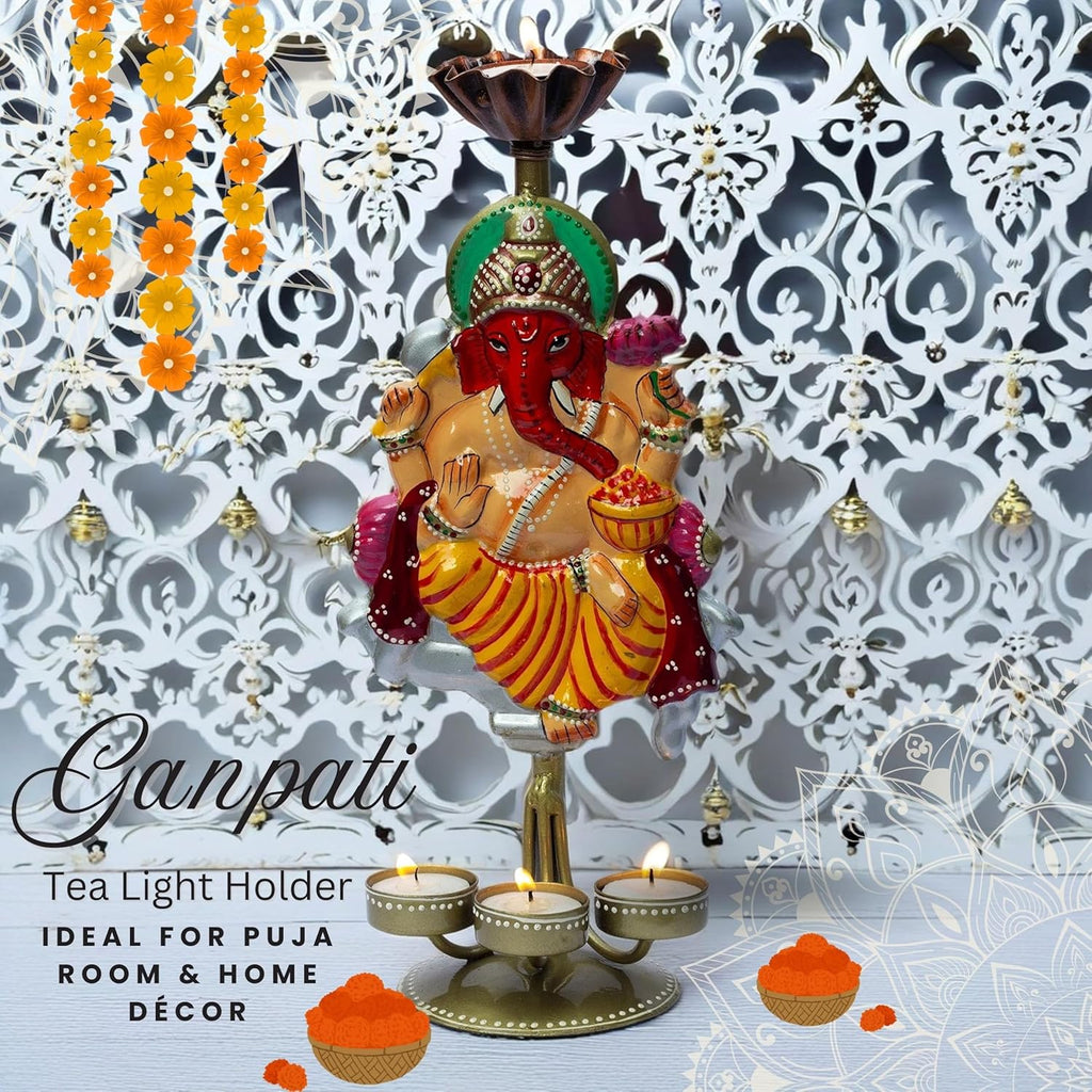 Auspicious Ganpati Tealight Candle Holder (14x6 Inch), Lord Ganesha Four Candle Metal Showpiece for Spiritual Décor