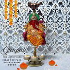 Auspicious Ganpati Tealight Candle Holder (14x6 Inch), Lord Ganesha Four Candle Metal Showpiece for Spiritual Décor