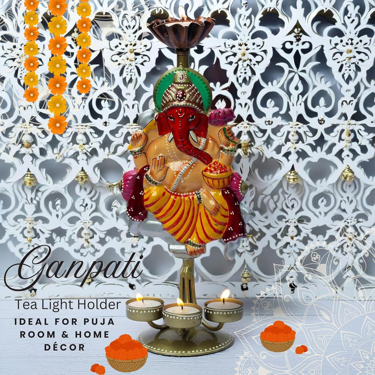 Auspicious Ganpati Tealight Candle Holder (14x6 Inch), Lord Ganesha Four Candle Metal Showpiece for Spiritual Décor