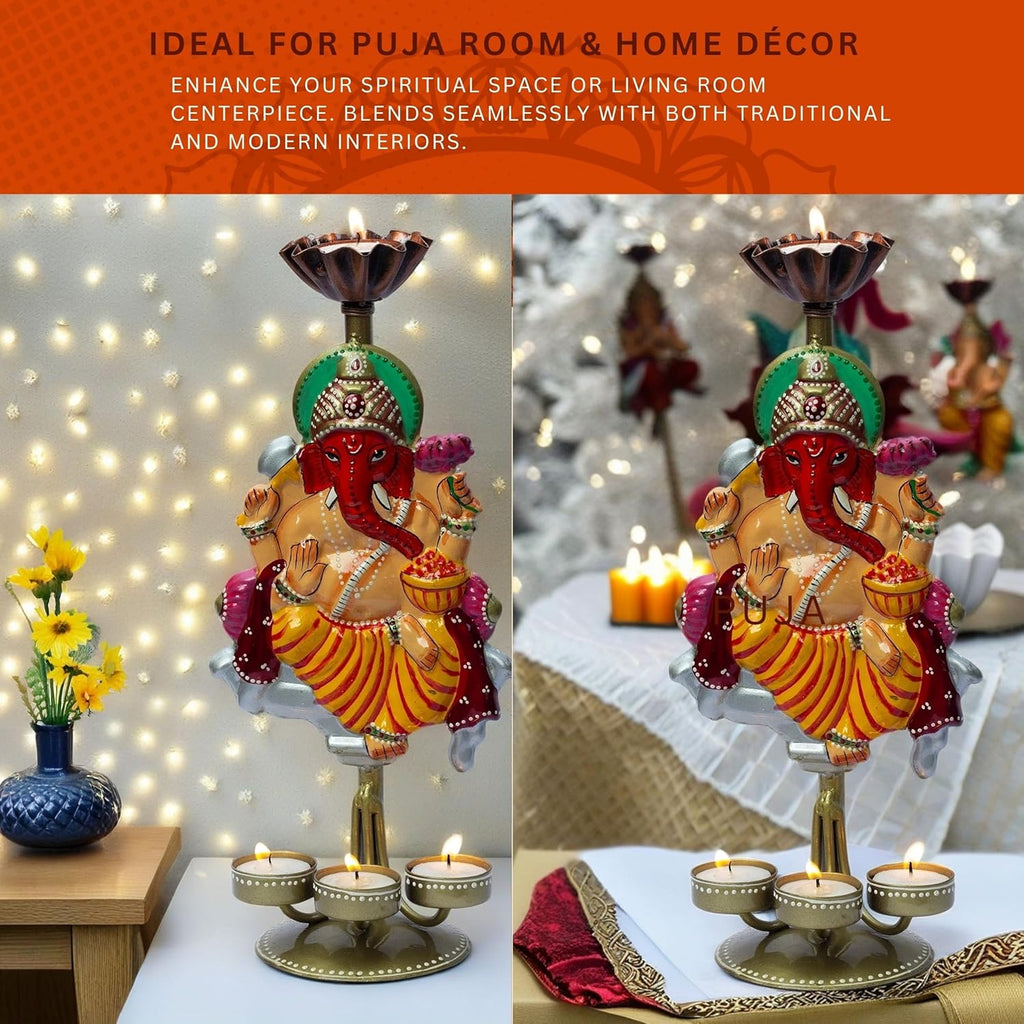 Auspicious Ganpati Tealight Candle Holder (14x6 Inch), Lord Ganesha Four Candle Metal Showpiece for Spiritual Décor