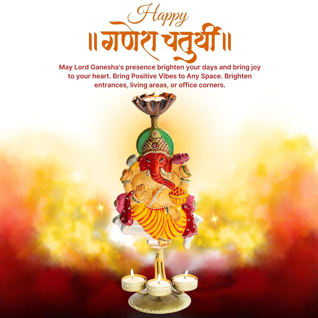 Auspicious Ganpati Tealight Candle Holder (14x6 Inch), Lord Ganesha Four Candle Metal Showpiece for Spiritual Décor