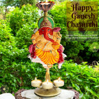 Auspicious Ganpati Tealight Candle Holder (14x6 Inch), Lord Ganesha Four Candle Metal Showpiece for Spiritual Décor