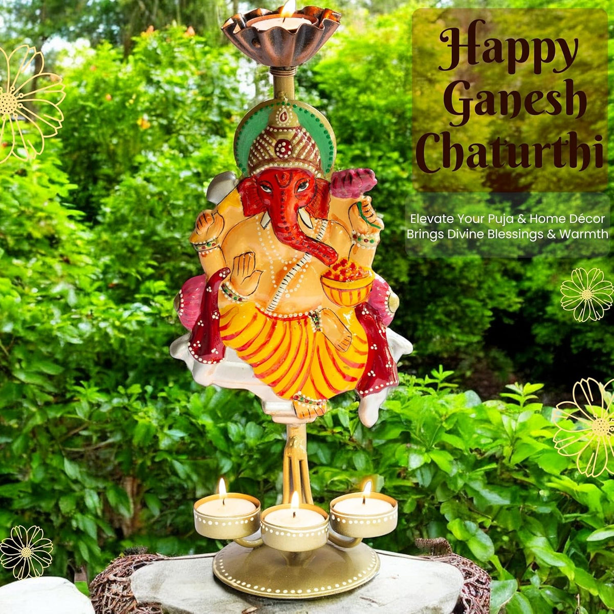Auspicious Ganpati Tealight Candle Holder (14x6 Inch), Lord Ganesha Four Candle Metal Showpiece for Spiritual Décor