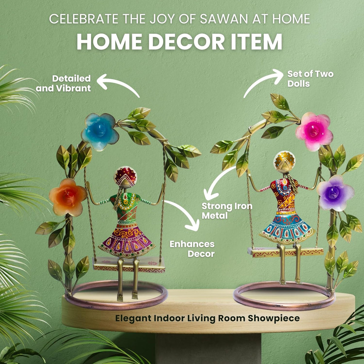 Sawan ke Jhule Handcrafted Metal Showpiece Set for Home Decor | Ethnic Iron Women Figurines with Floral Arch for Living