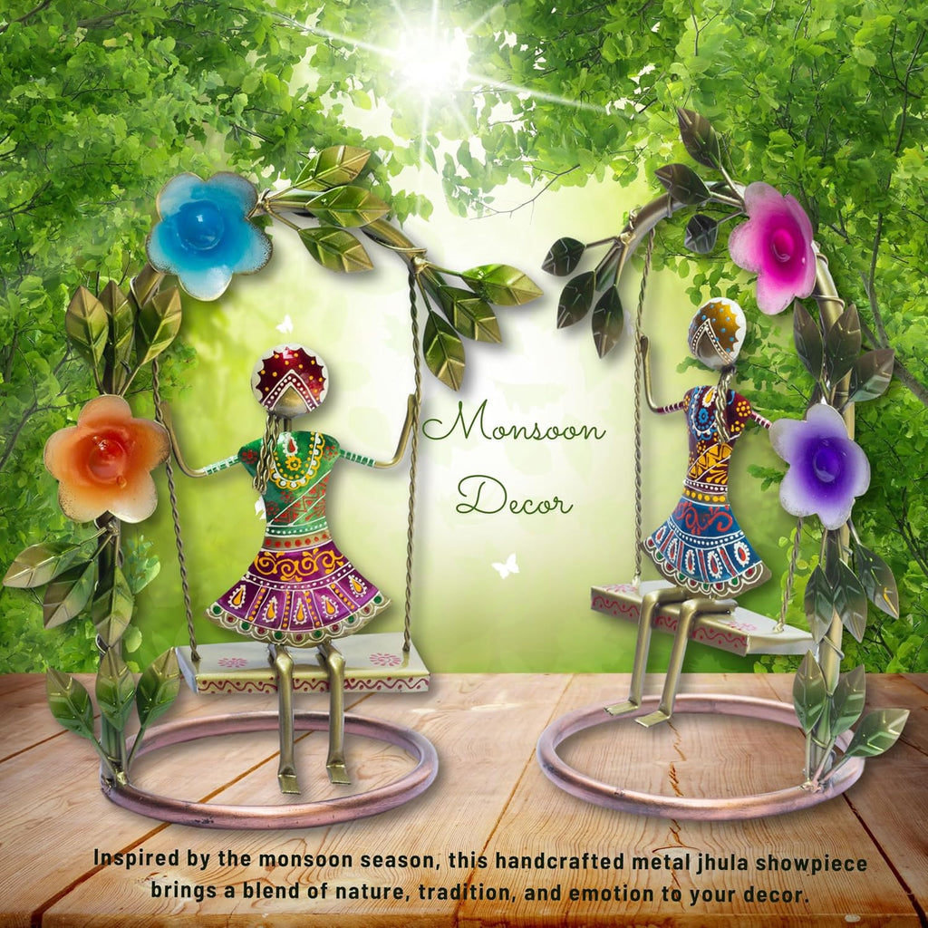 Sawan ke Jhule Handcrafted Metal Showpiece Set for Home Decor | Ethnic Iron Women Figurines with Floral Arch for Living