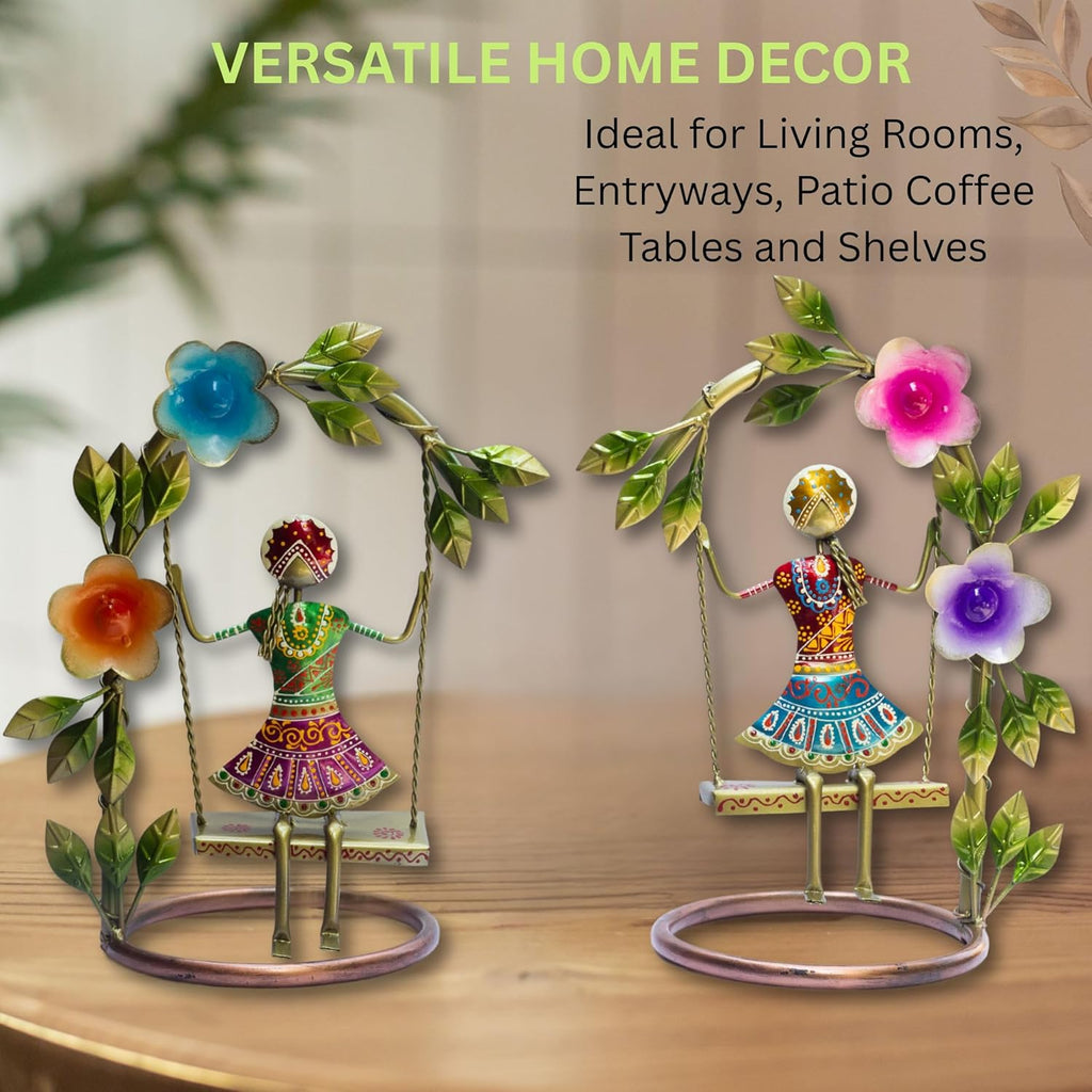 Sawan ke Jhule Handcrafted Metal Showpiece Set for Home Decor | Ethnic Iron Women Figurines with Floral Arch for Living