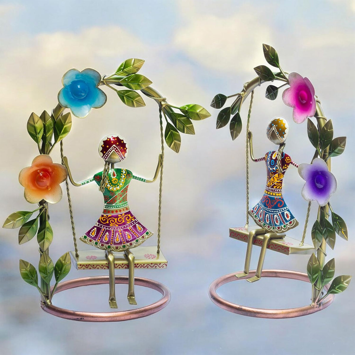 Sawan ke Jhule Handcrafted Metal Showpiece Set for Home Decor | Ethnic Iron Women Figurines with Floral Arch for Living Room, Shelf, Festive Gift, Navratri Decor (9x14inch)