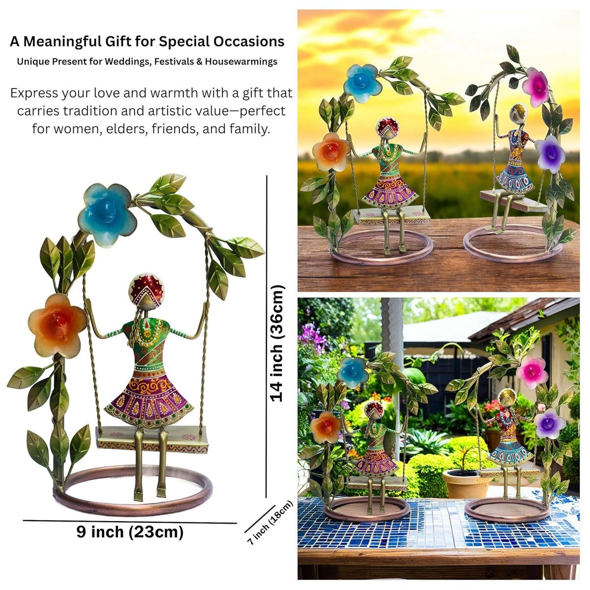 Sawan ke Jhule Handcrafted Metal Showpiece Set for Home Decor | Ethnic Iron Women Figurines with Floral Arch for Living