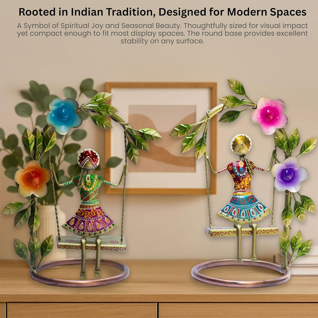 Sawan ke Jhule Handcrafted Metal Showpiece Set for Home Decor | Ethnic Iron Women Figurines with Floral Arch for Living